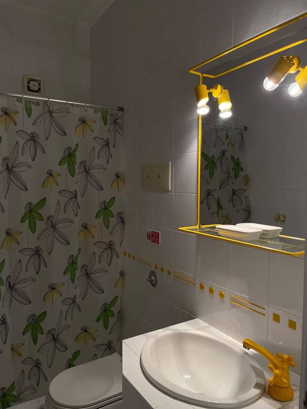 Bathroom with red accent shower fittings