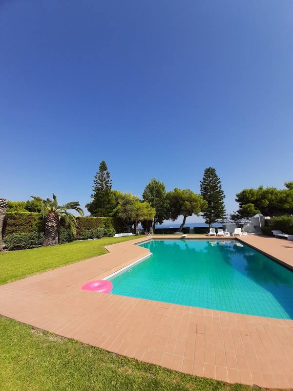 Pool with a pink float on a sunny day
